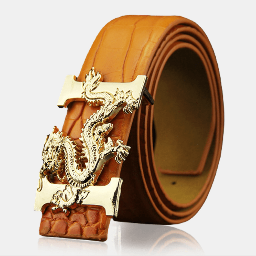 Men Faux Leather 135Cm Fashion Personality Alligator Pattern Gold Dragon Decor Belt - MRSLM