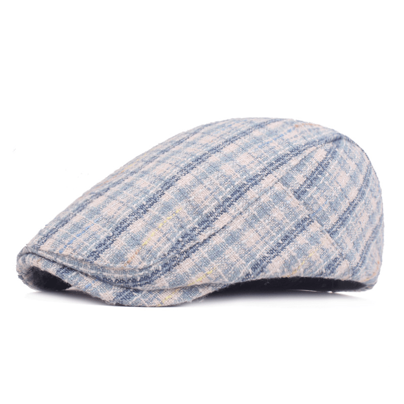 Mens Washed Cotton Plaid Beret Caps Outdoor Sport Adjustable Visor Forward Hats - MRSLM