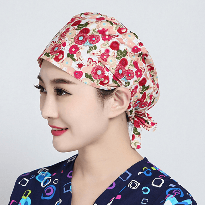 Women Flower Print Cotton Surgical Cap Doctor Nurse Work Hat - MRSLM