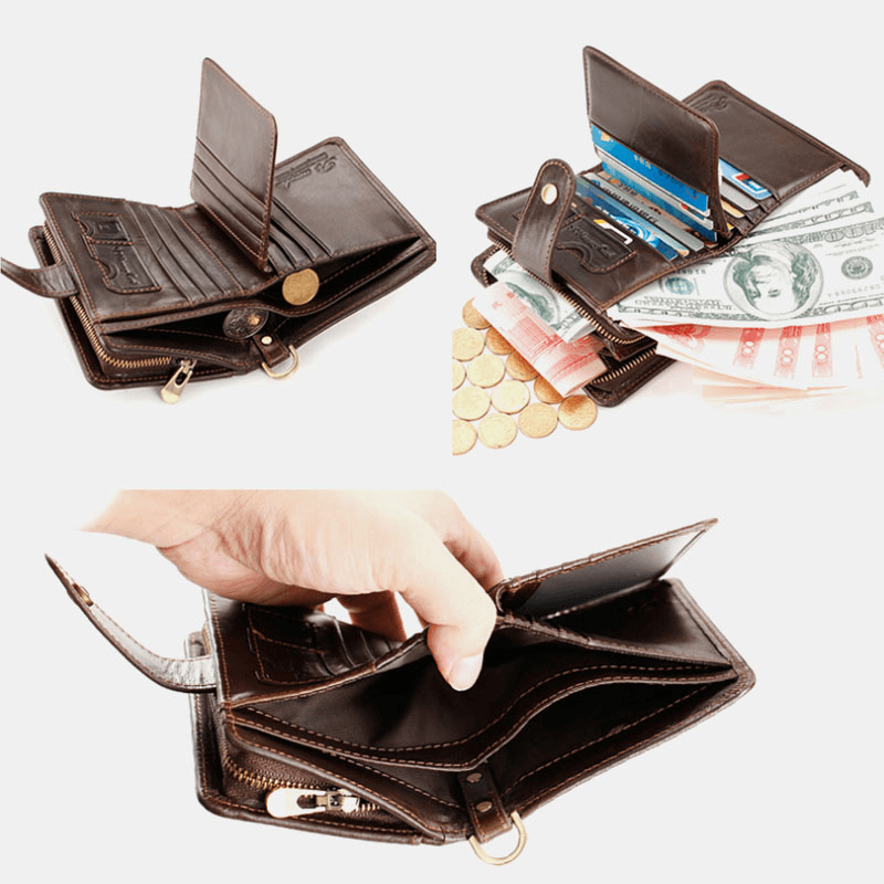 Men Genuine Leather Multi-Card Slot Anti-Theft RFID Card Holder Zipper Chain Wallet - MRSLM