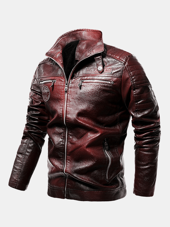 Mens Pattern Patched Letter Print Snap Button Zip Baseball Collar PU Jacket - MRSLM