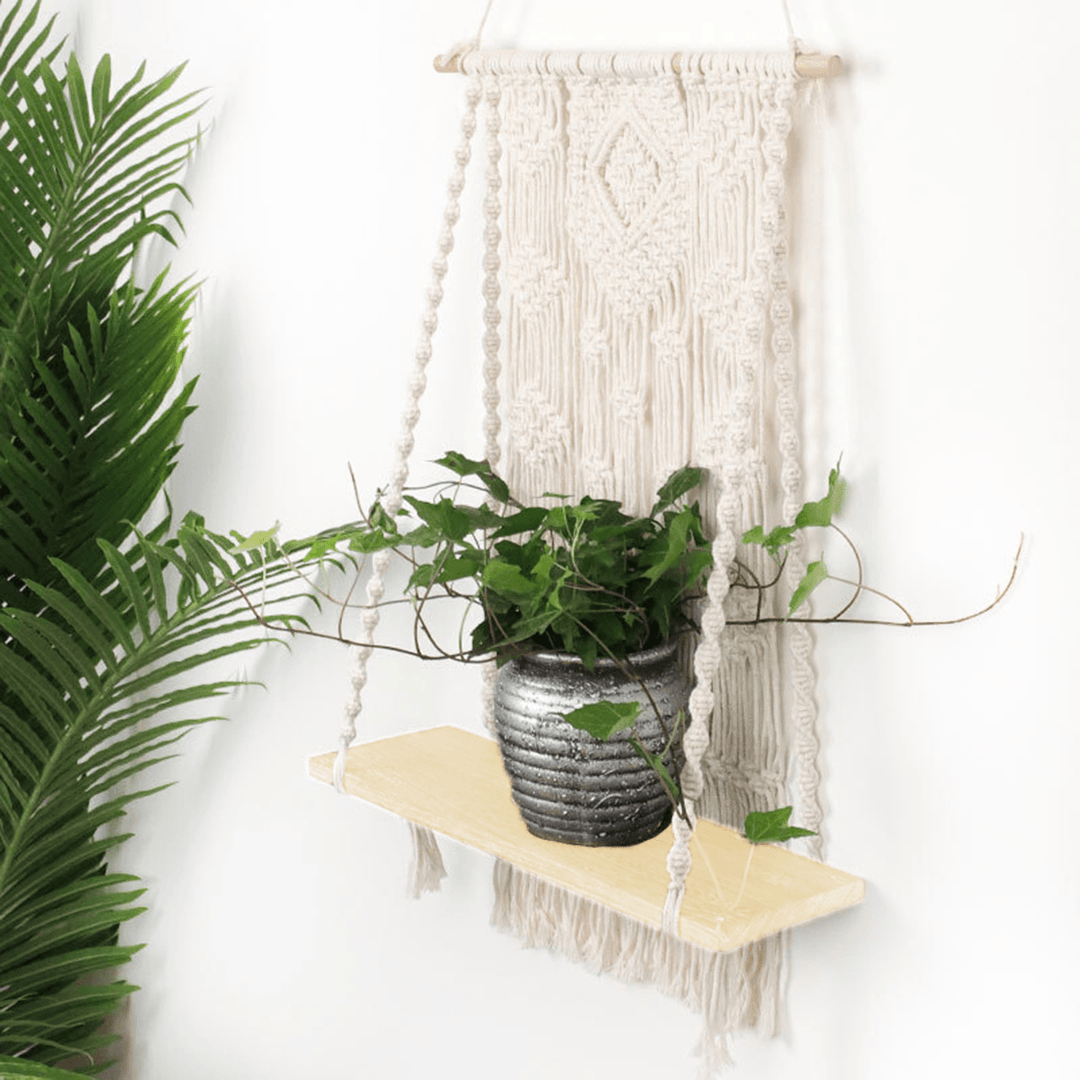 Macrame Plant Hanger Basket Hand Woven Tapestry Wood Pot Shelf Room Decoration - MRSLM