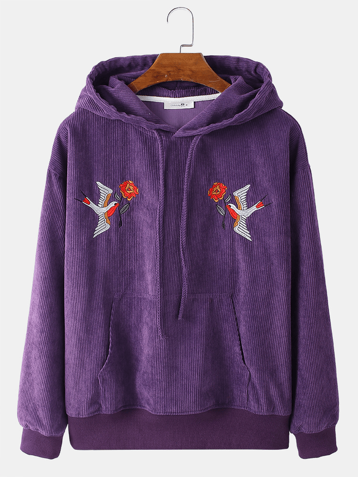 Mens Bird Embroidered Corduroy Overhead Casual Drawstring Hoodies - MRSLM