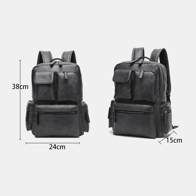 Men PU Leather Multi-Pocket Breathable Backpack Retro Large Capacity 14 Inch Laptop Bag - MRSLM