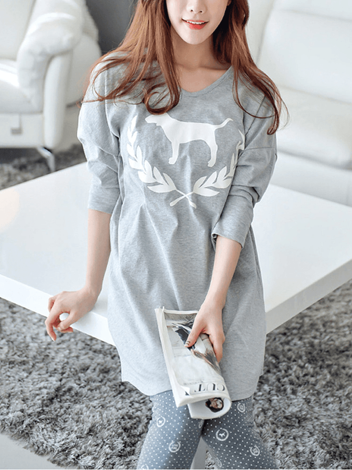 Women Abstract Print V-Neck Long Sleeve Grey Two Piece Pajama Set - MRSLM