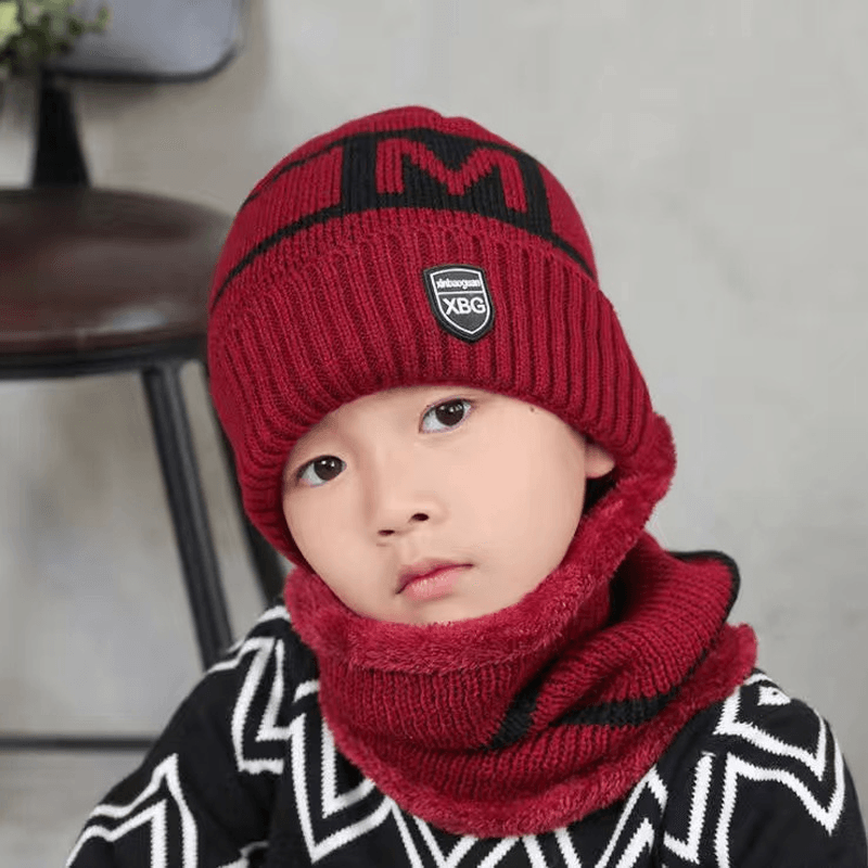 Children'S Hats for Autumn and Winter New Boys' Hats and Bibs Set Korean Letters Knitted Hedging Warm Woolen Caps - MRSLM