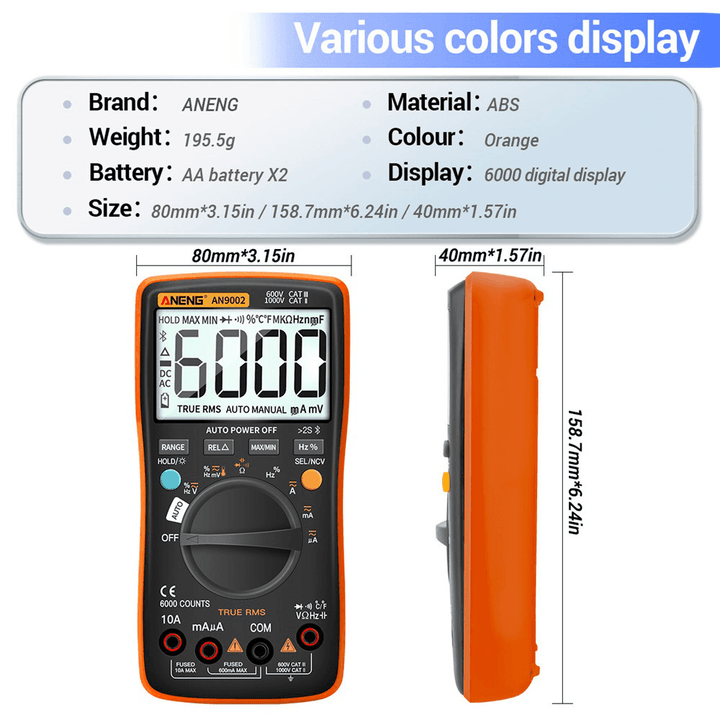 ANENG AN9002 Digital Bluetooth True RMS Multimeter 6000 Counts Professional Auto Multimetro AC/DC Current Voltage Tester - MRSLM