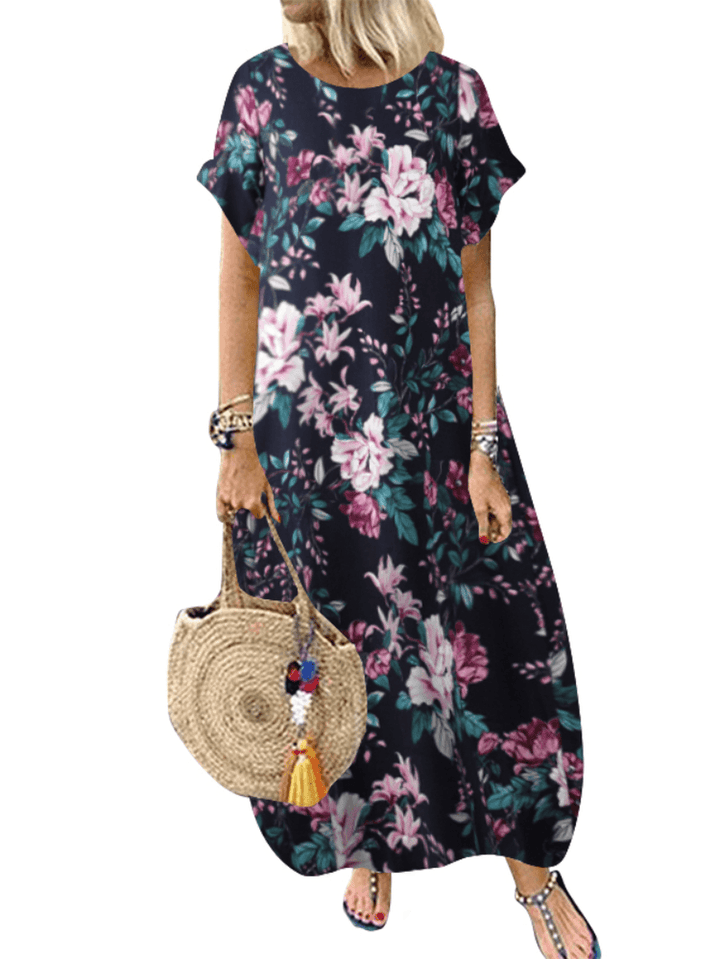 Women 100% Cotton O-Neck Floral Print Leisure Dress with Side Pockets - MRSLM