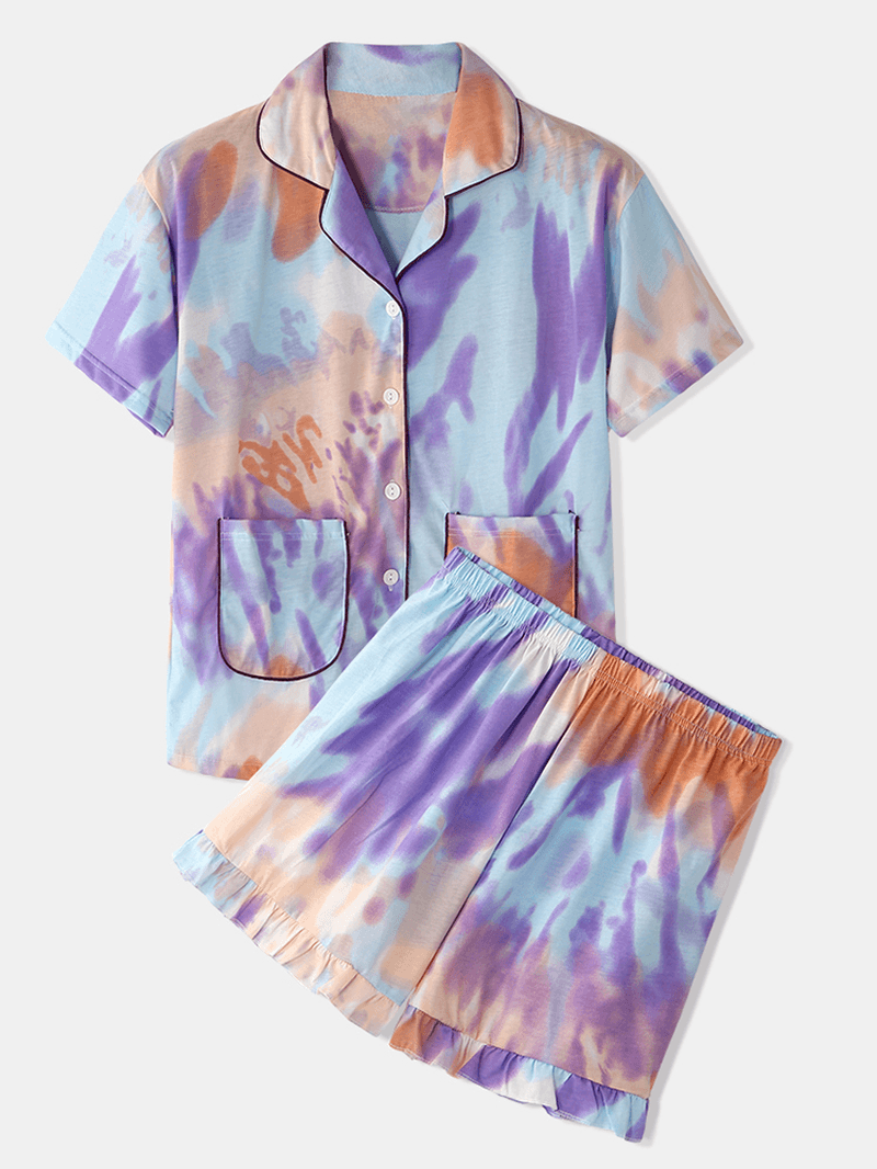 Women Tie Dye Button up Pocket Revere Collar Short Sleeve Home Pajama Set - MRSLM