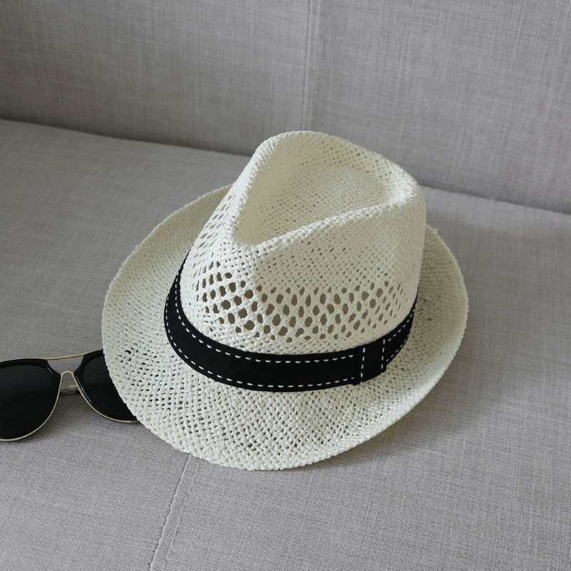 Straw Hat Cool Hat New Summer Hat Men'S and Women'S Top Hat Woven British Style Sun Protection Beach Hollow Out Sun Hat - MRSLM