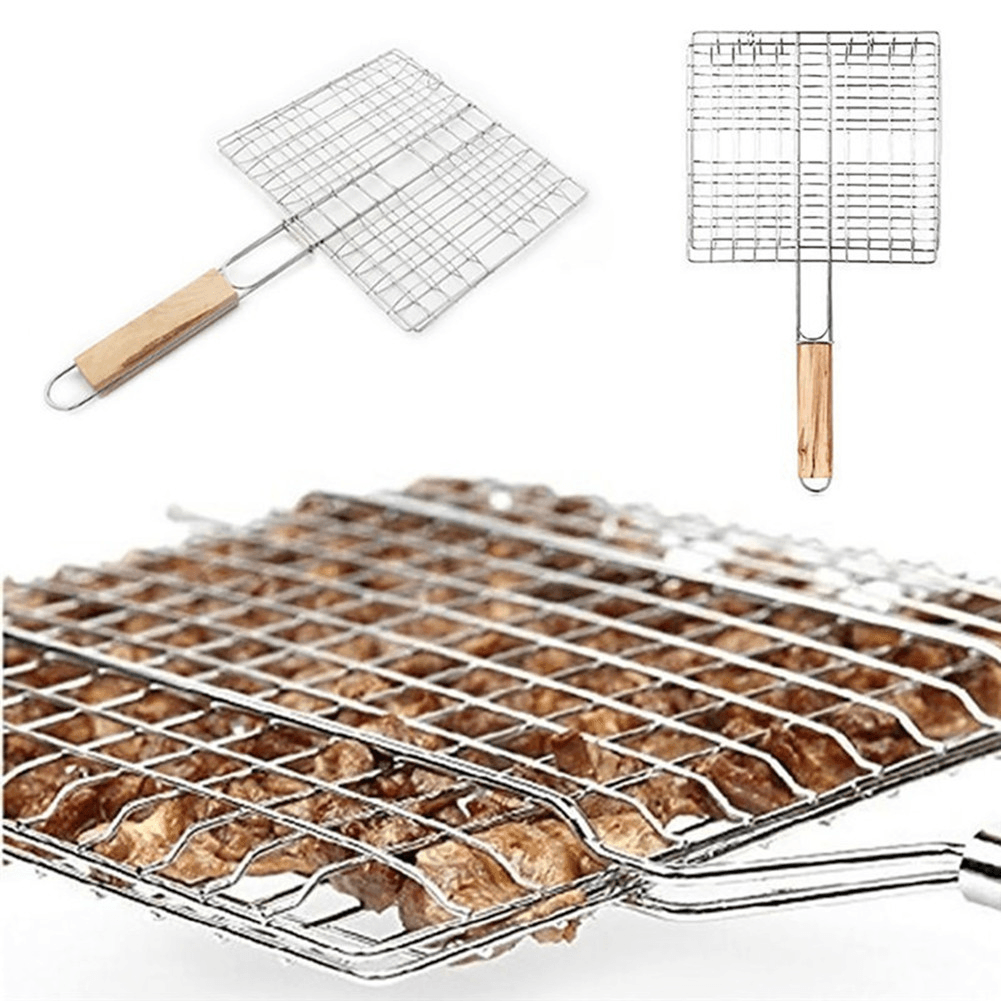 Ipree® Iron Wire Barbecue Grilling Basket BBQ Net Wooden Handle Meat Fish Clip Holder - MRSLM