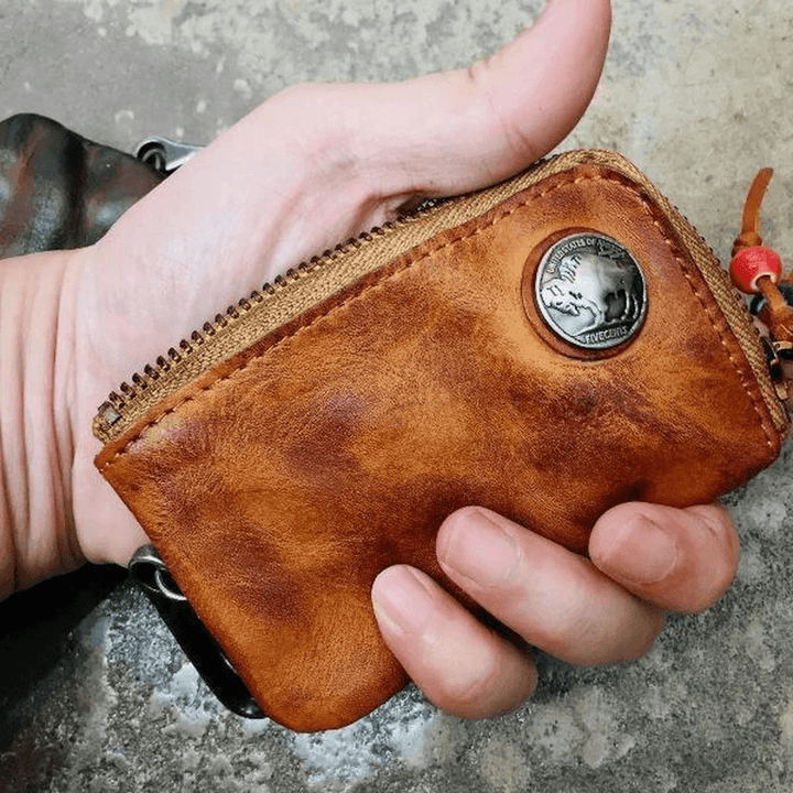 Men Genuine Leather Vinatge Car Key Wallet Texture Wear-Resistang Key Case Coin Purse - MRSLM