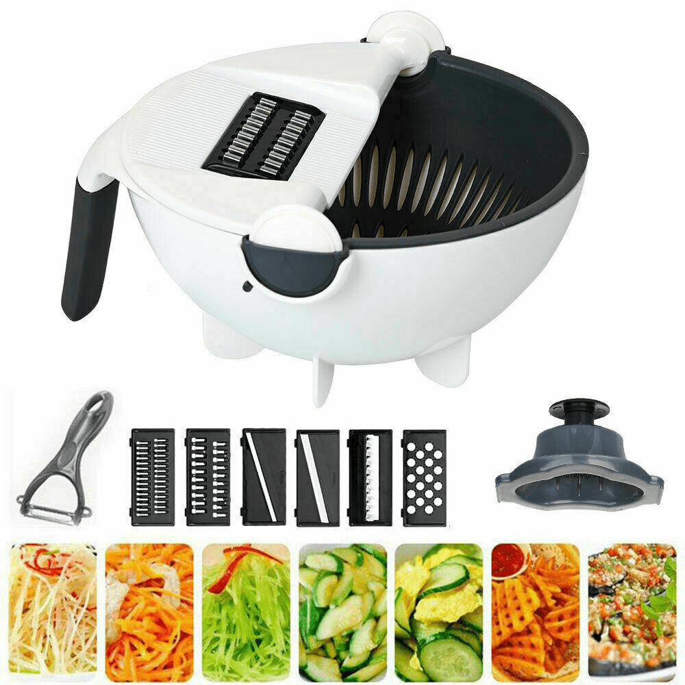 9 in 1 Multifunction Vegetable Cutter Drier Slicer Grater Rotated Vegetable Fruit Fruit Shredder Grater with Kitchen Drain Basket - MRSLM