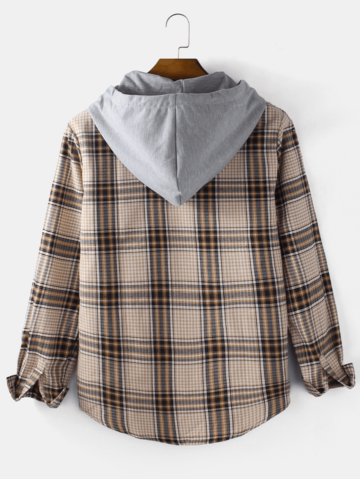 Mens Tartan Button up Long Sleeve Curved Hem Loose Fit Drawstring Hooded Jacket - MRSLM