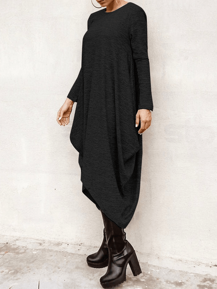 Women's Casual High Low Hem Midi Dress - Loose Fit with Long Sleeves - MRSLM