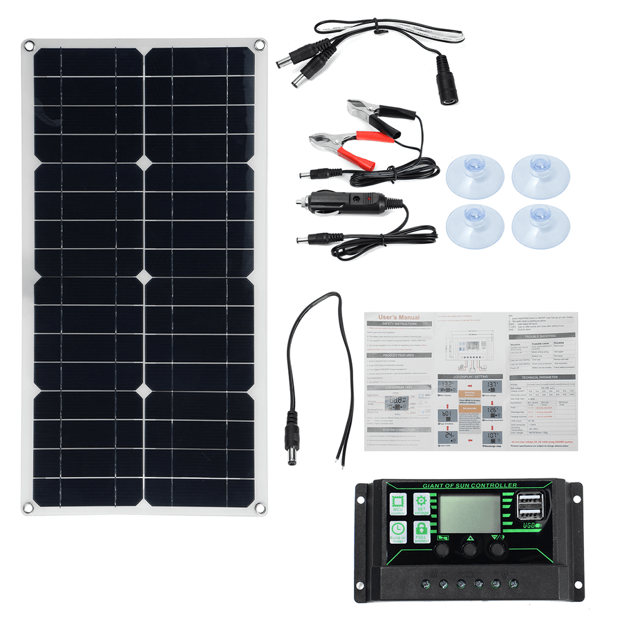 250W Max Portable Solar Panel Kit Dual DC USB Charger Kit Single Crystal Semi-Flexible Solar Power Panel W/ 60A/100A Solar Controller - MRSLM