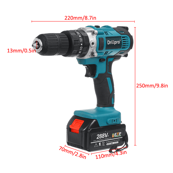 288VF 3 in 1 Cordless Impact Drill 13Mm Chuck LED Flat Drill Screwdriver Hammer W/ 1/2Pcs Battery - MRSLM