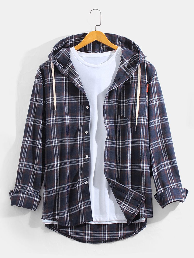 Mens Vintage Plaid Hooded Long Sleeve Shirts with Chest Pocket - MRSLM