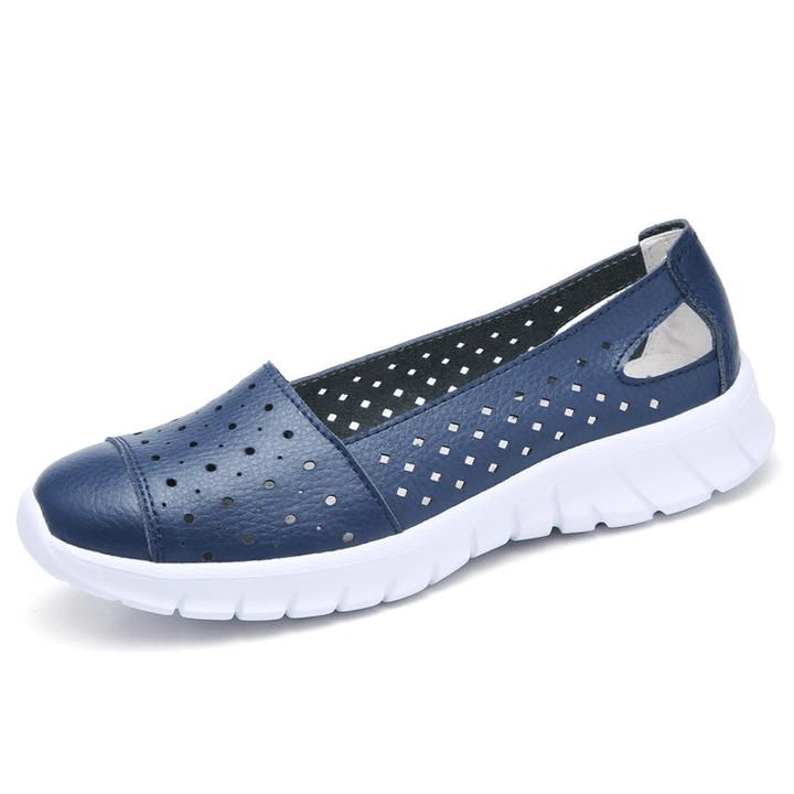 Women Leather Hollow Comfy Breathable Soft Casual Flats - MRSLM