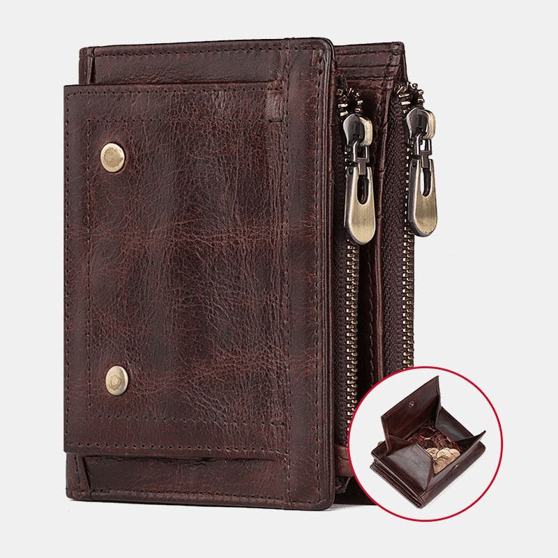 Men Genuine Leather RFID Anti-Theft Double Zipper Retro Business Multi Card Slot Leather Card Holder Wallet - MRSLM