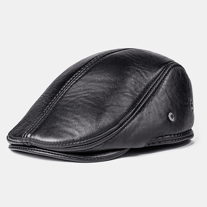 Men Genuine Leather Keep Warm plus Thickness Cotton Windproof Ear Protection Forward Hat Beret Hat - MRSLM