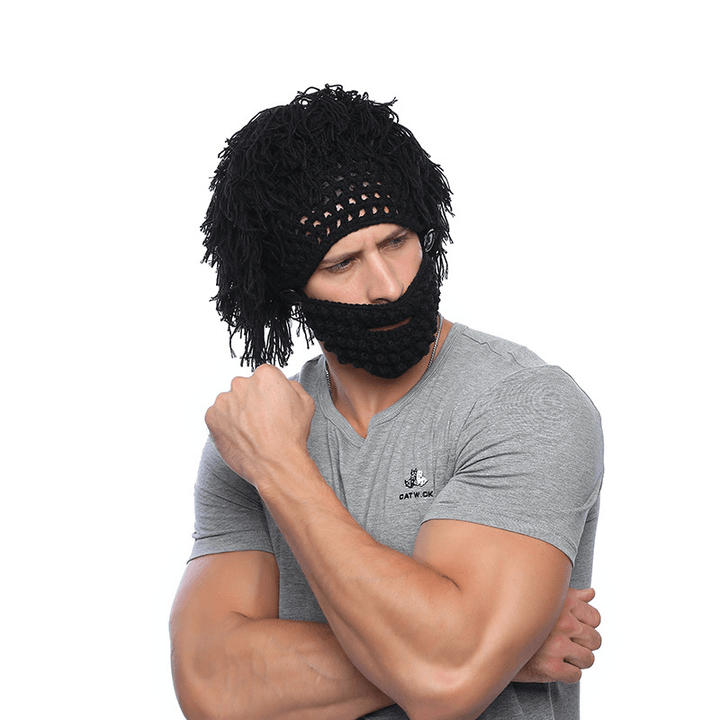 Foreign Trade Creative Straw Hat Men'S Knitted Hat Autumn and Winter Hand Hook Removable Woolen Beard Funny Wig Hat - MRSLM