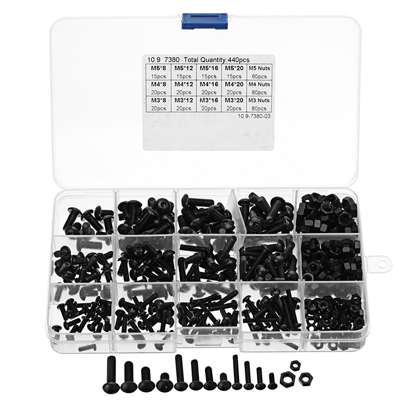 Suleve™ MXCH3 440Pcs M3/M4/M5 Carbon Steel Screw Hex Socket Button Head Bolt Nut Assortment Kit - MRSLM