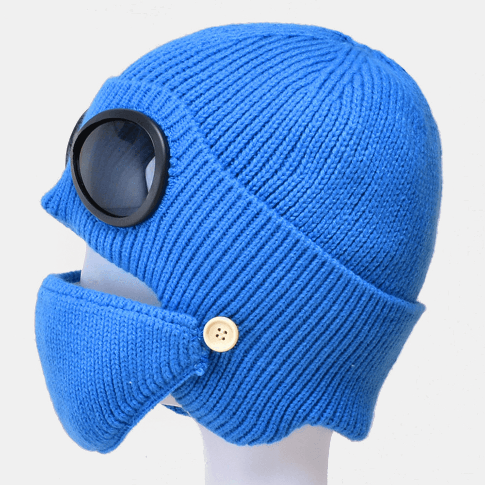 Unisex plus Velvet Thick Warm Neck Face Ear Protection Headgear Knitted Hat Mask Pilot Glasses - MRSLM