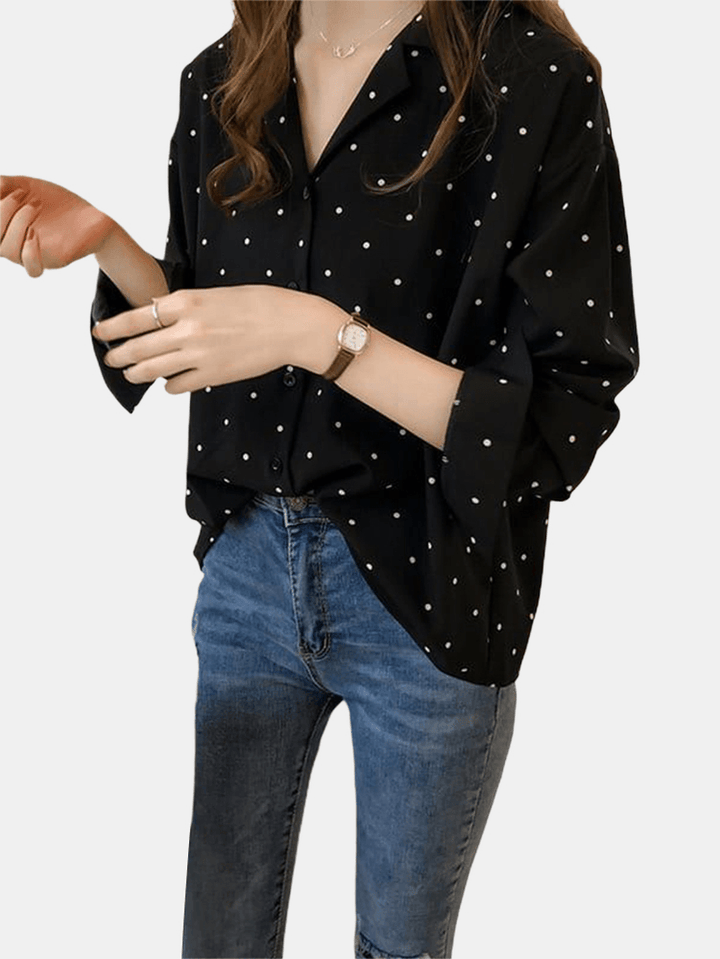 Polka Dot Print V-Neck Long Sleeve Casual Blouse - MRSLM