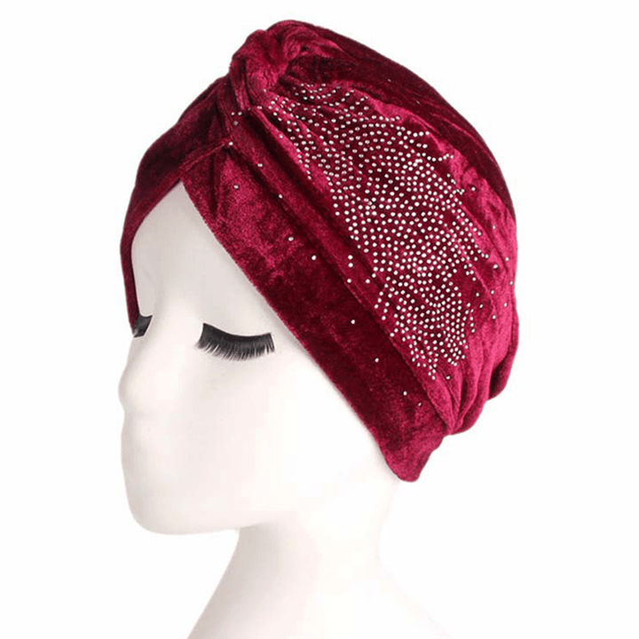 Womens Pleuche Skullies Beanies Thin Bonnet Cap Autumn Casual Diamond Beanies Hat Turban - MRSLM