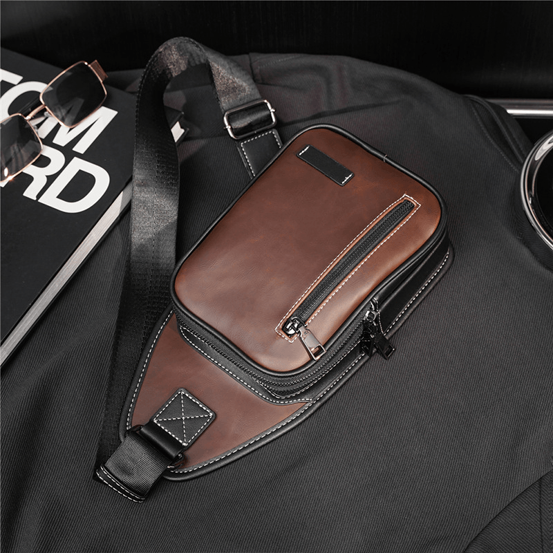 Men Retro Casual Waterproof Large Capacity Multifunction Multi-Pocket Chest Bag PU Soft Leather Crossbody Shoulder Bag - MRSLM