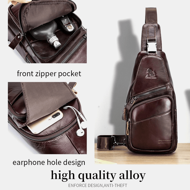 Men Genuine Leather Hasp Headphone Hole Large Capacity Vintage 6.5 Inch Phone Bag Chest Bag Crossbody Bag Shoulder Bag - MRSLM