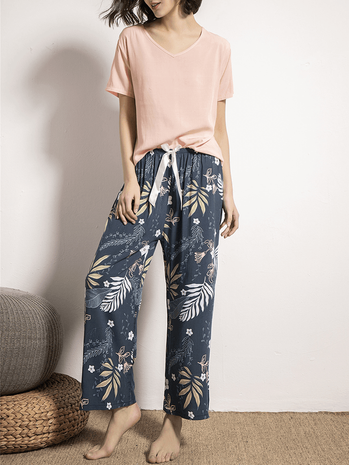 Women Short Sleeve Tops Tropical Floral Print Wide Leg Pants Soft Pajama Set - MRSLM