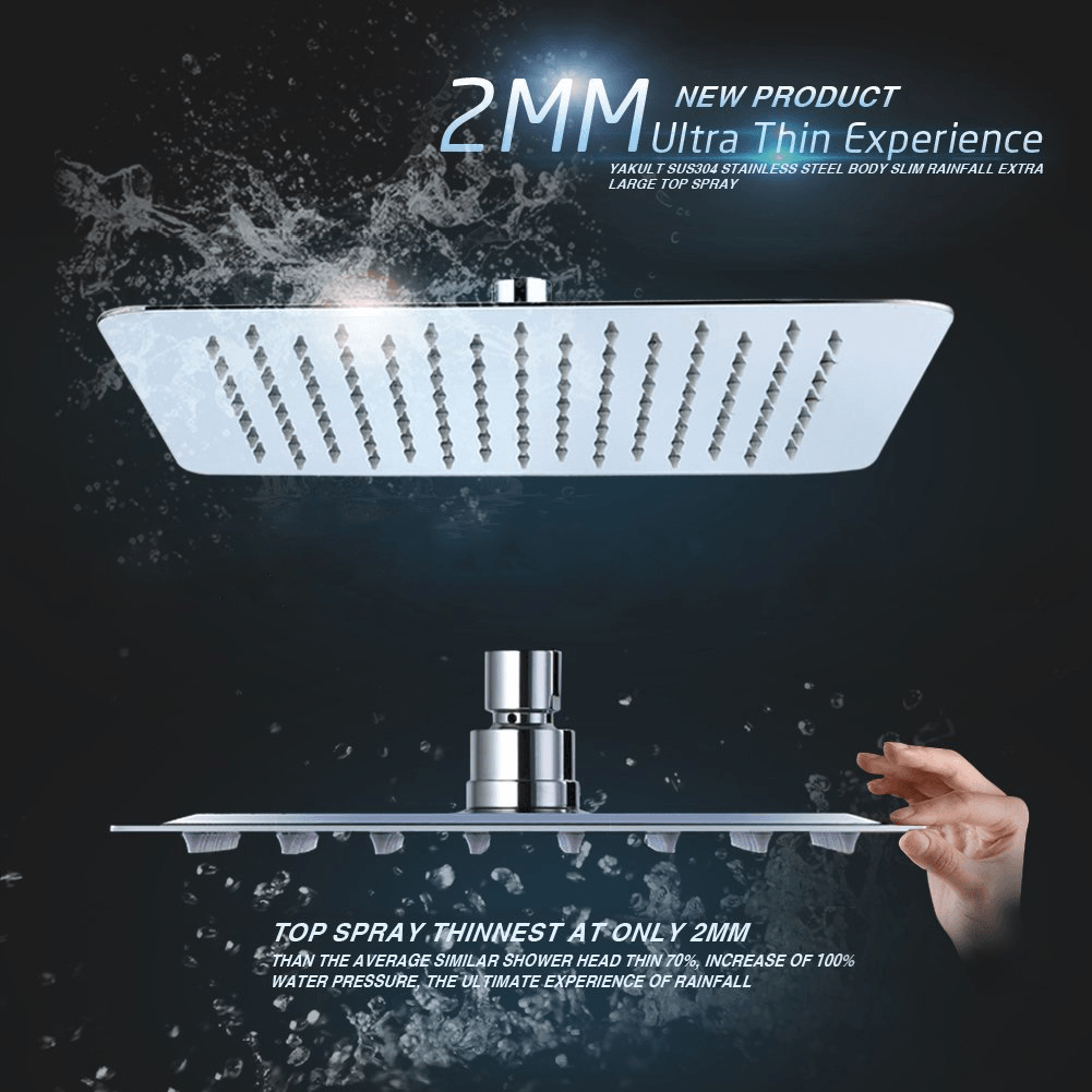 12 Inch 2Mm Thin Pressurized Rotatable Rainfall Shower Head Square Stainless Steel Top Spray Head - MRSLM