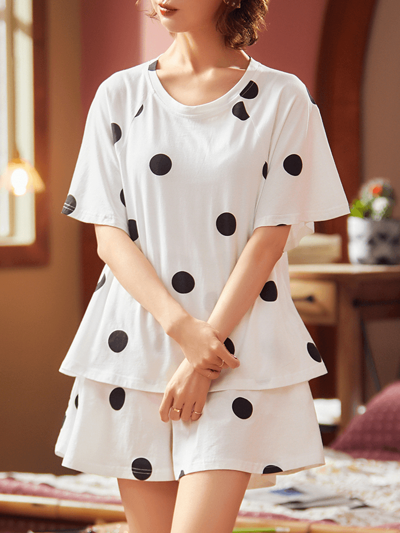 Women Polka Dot Print round Neck Short Sleeve Shorts Casual Pajama Sets - MRSLM