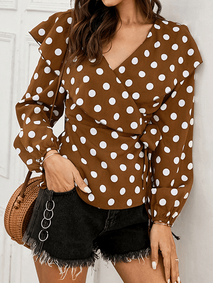 Polka Dot Print V-Neck Long Sleeve Causal Blouse - MRSLM