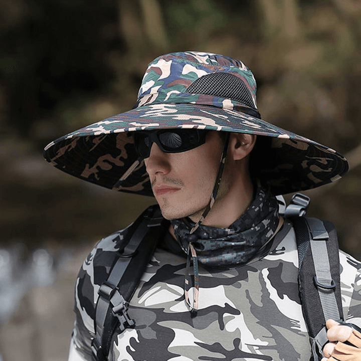 Mens UPF 50+ Bucket Hat Waterproof Mesh Breathable Sunshade Camouflage Cap Oversized Brim with String for Outdoor Fishing Hat Climbing - MRSLM