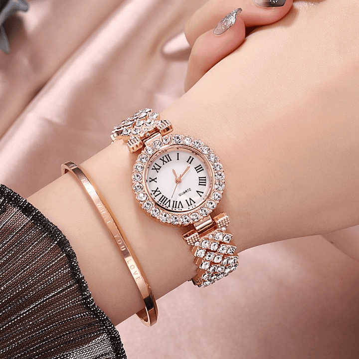 XSVO Watch Set Luxury Elegant Style Women Quartz Watch Diamond-Studded Bracelet for Mothers Girlfriend Ladies - MRSLM