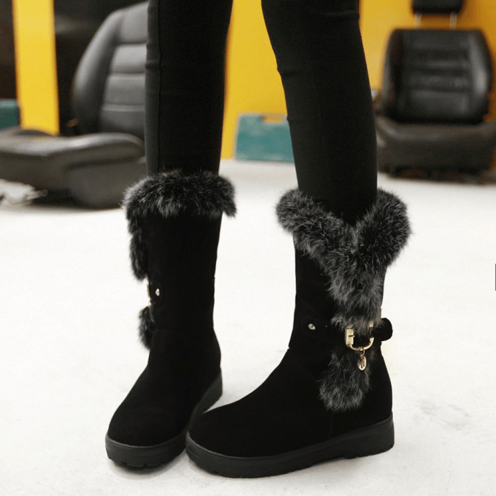 Plus Size Women Winter Plush Lining Buckle Decor Increased Heel Snow Boots - MRSLM