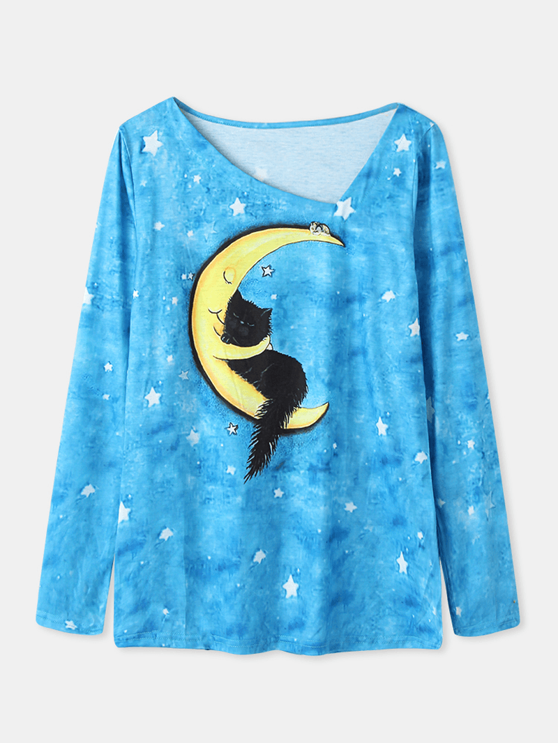 Women Cartoon Cat Starry Sky Print Asymmetrical Neck Casual Long Sleeve Blouses - MRSLM