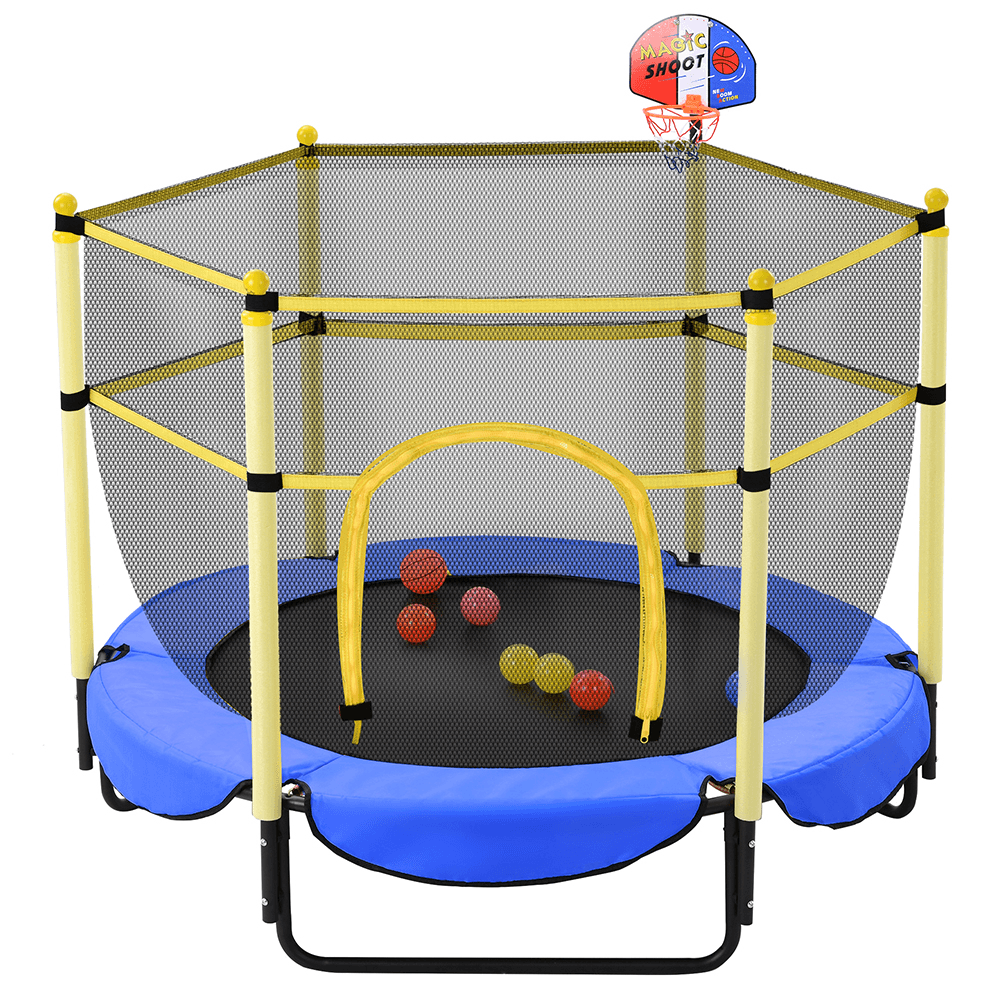 [USA Direct] Bominfit 5FT Trampoline Kids Aerobic Jump Training with with Basketball Hoop 6 Pcs Balls Home Garden Exercise Tools - MRSLM