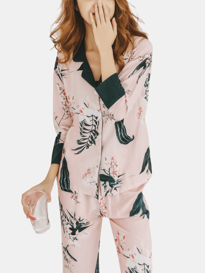 Women Floral Print Revere Collar Long Sleeve Button up Shirt Loose Pants Home Casual Pajama Set - MRSLM