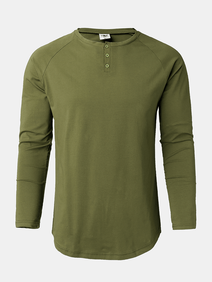 Mens Cotton Solid Color Button round Neck Long Sleeve Basic T-Shirt - MRSLM