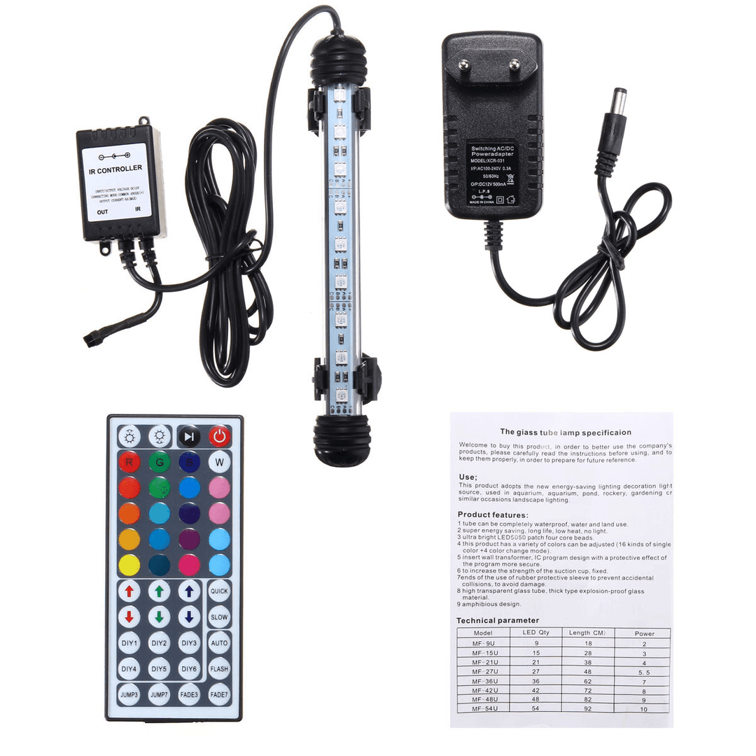 AC110-240V 18CM 5050 2.9W RGB LED Aquarium Fish Tank Light Color Changing Bar Submersible Lamp + 44Keys Remote Control - MRSLM