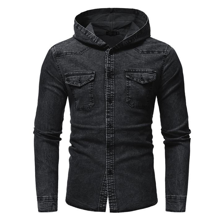 Mens Denim Chest Pocket Cotton Casual Hooded Shirt Jacket - MRSLM