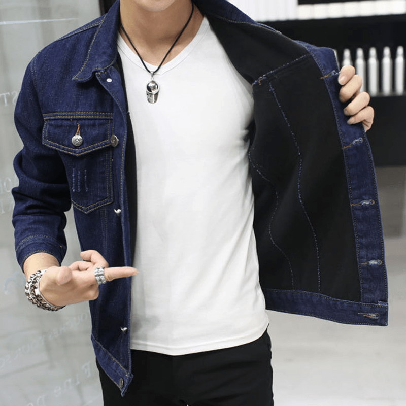 Mens Thick Denim Turn down Collar Fashion Casual Jacket - MRSLM