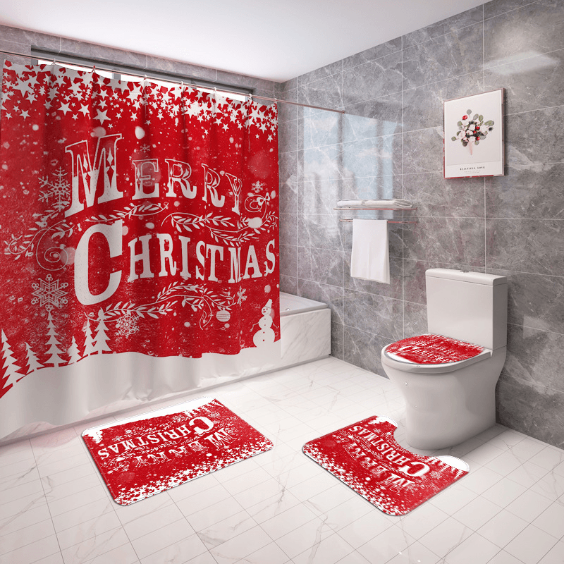 Merry Christmas Waterproof Bathroom Shower Curtain Mould Proof Toilet Cover Mat Non Slip Rug Set Home Decor - MRSLM