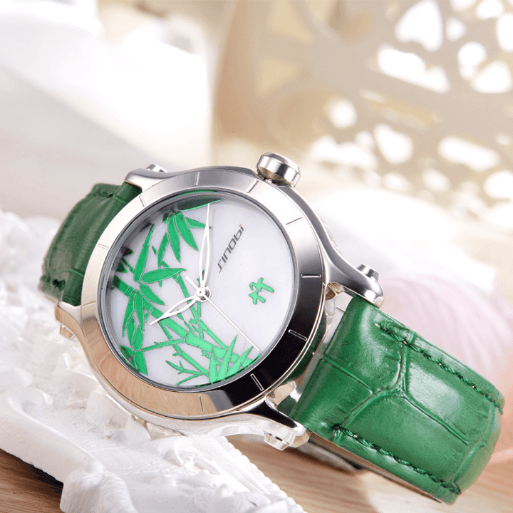 SINOBI 9632 Green Bamboo Women Watches Leather Strap Waterproof Clock Quartz Watch - MRSLM
