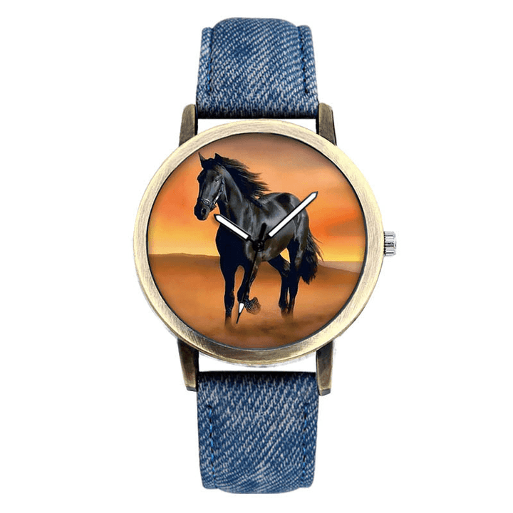 Casual Black Horse Desert Dial All-Match Denim Strap Men Quartz Watch Wristwatch - MRSLM