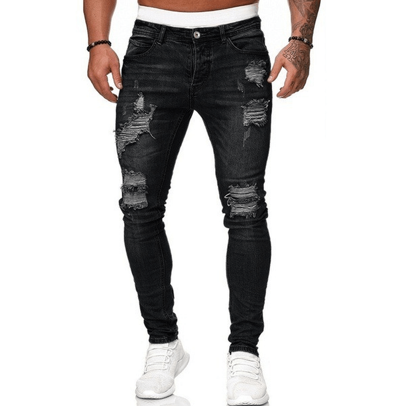 Ripped White Slim Denim Trousers Fashion Foot Pants - MRSLM